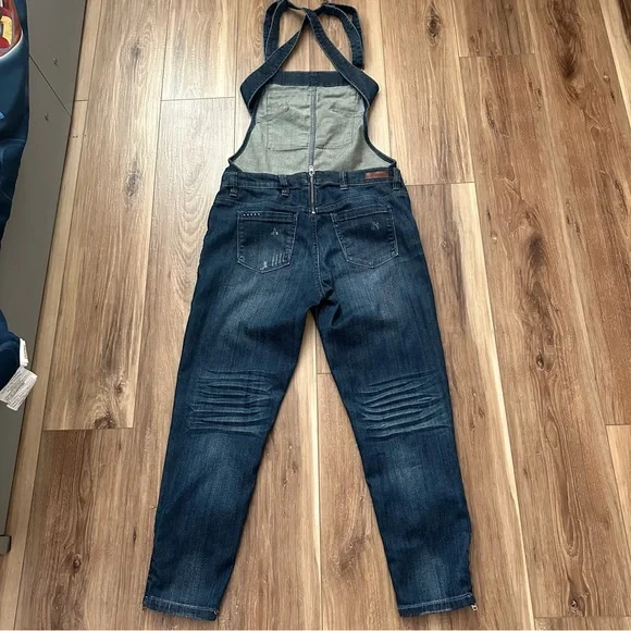 Blank NYC Crossover Distressed Denim Overalls Size 30 Medium Wash Zip Accent - Picture 9 of 16